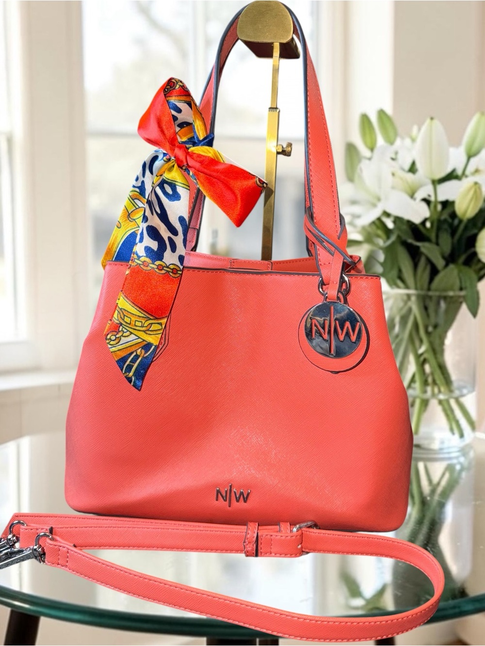 Nine West Coral Pink / Orange Textured Leather Tote with Scarf EUC